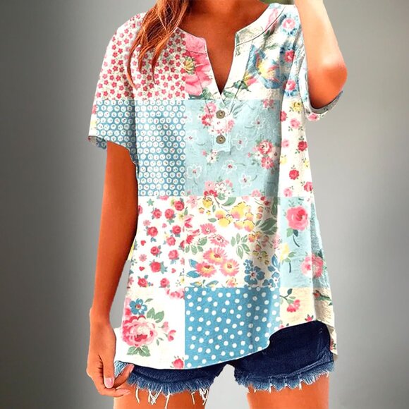 Popular Floral Print V-neck Short Sleeve Top - Picture 1 of 1